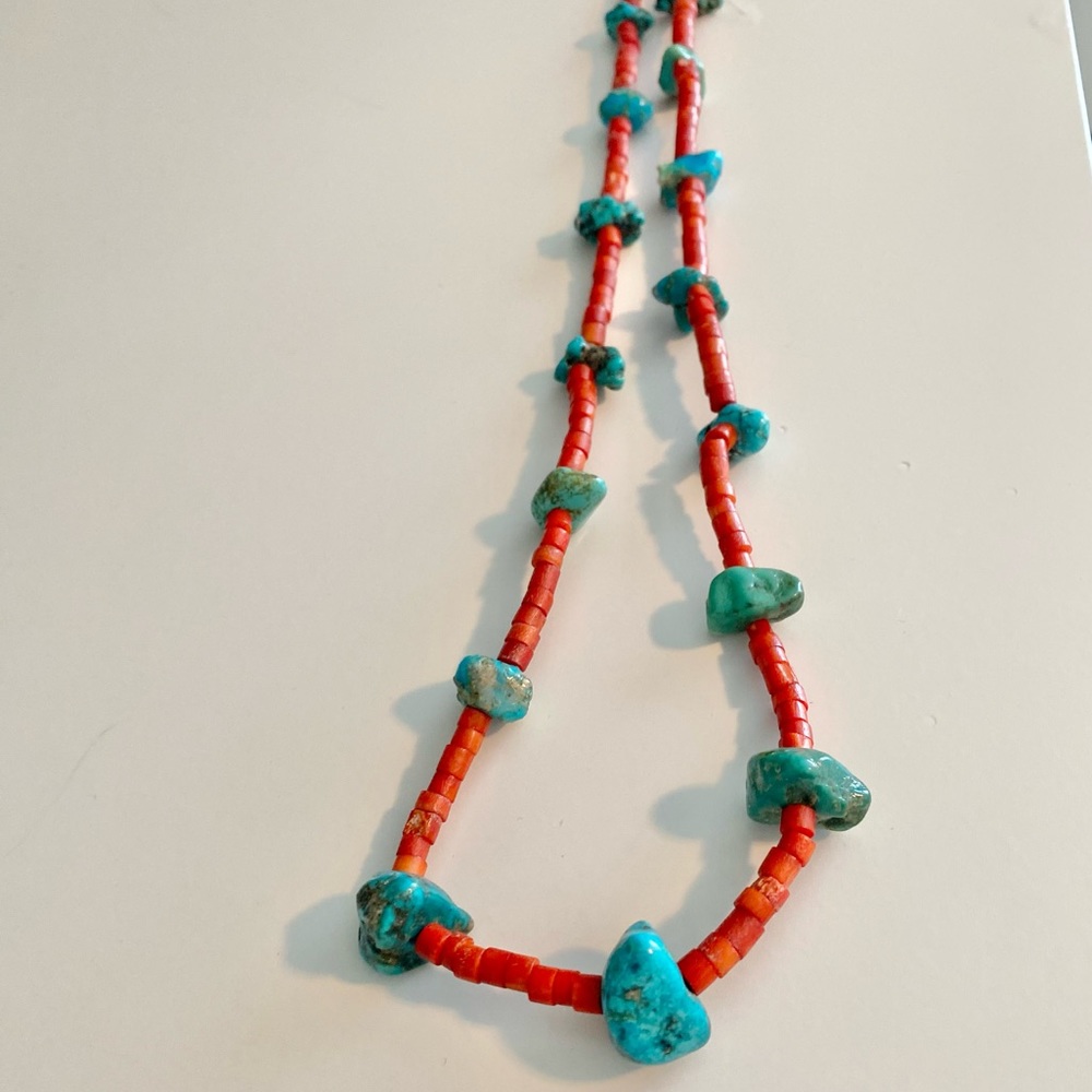 Vintage Navajo turquoise & coral heishi necklace